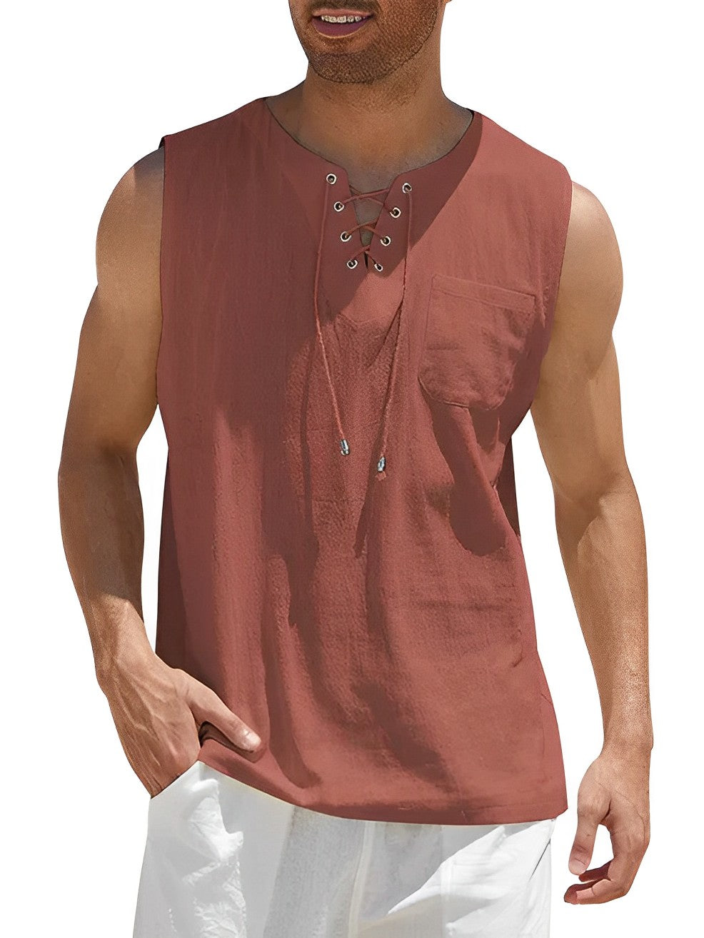 Tank Shirts Herren | Ärmellos | Schnürung | Locker-Rotbraun-S-Chaps Herrenmode