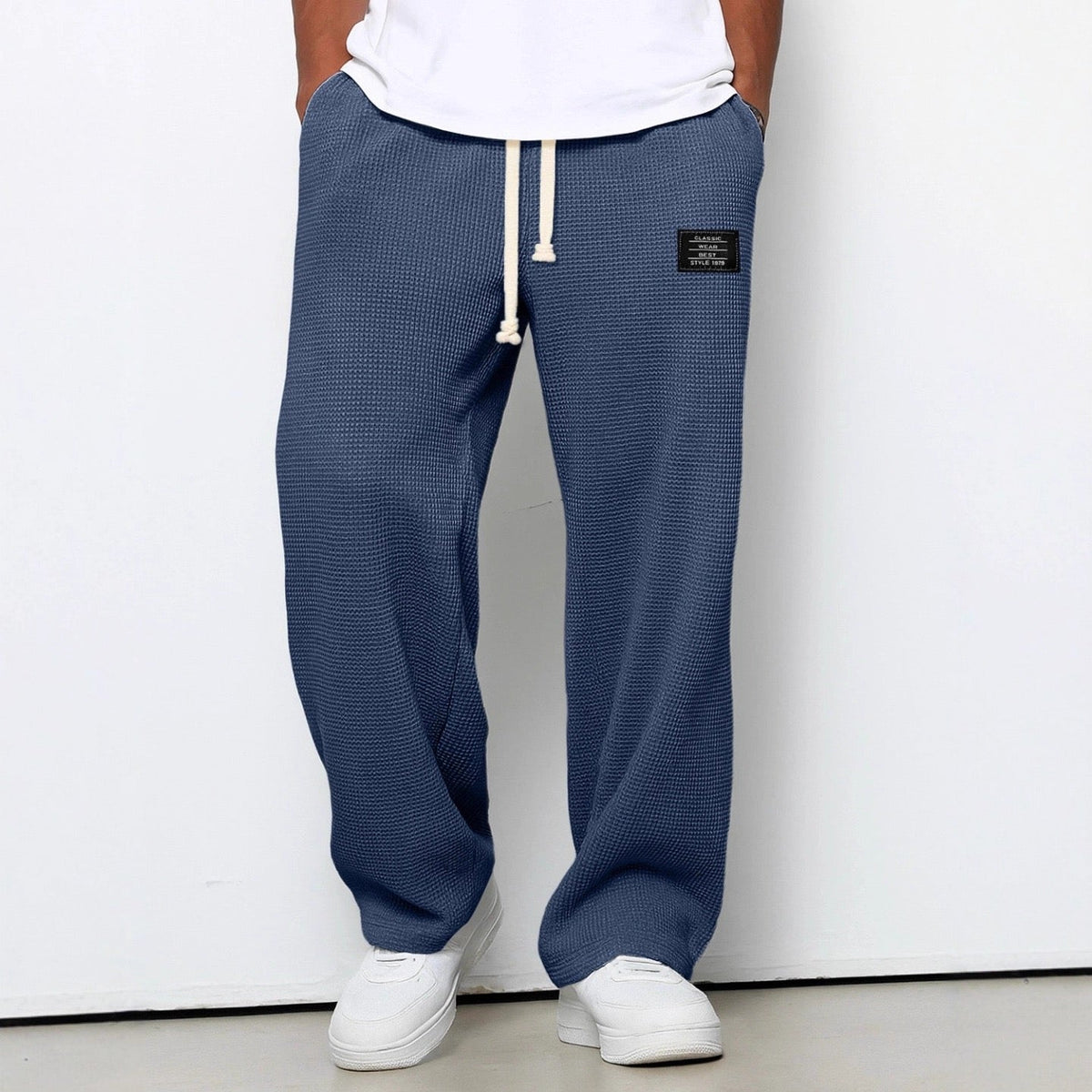 Jogginghose Herren | Waffelstruktur | Weites Bein | Kordelzug-Blau-S-Chaps Herrenmode