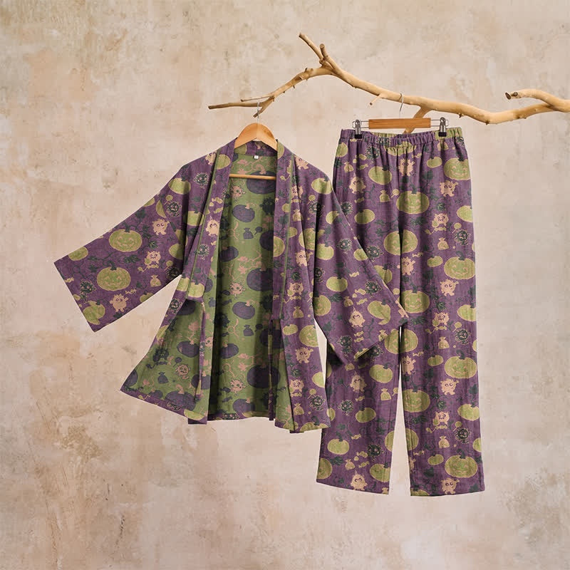 Kürbis Kimono Pyjama Herren | Kleine Monster | Lila oder Grün