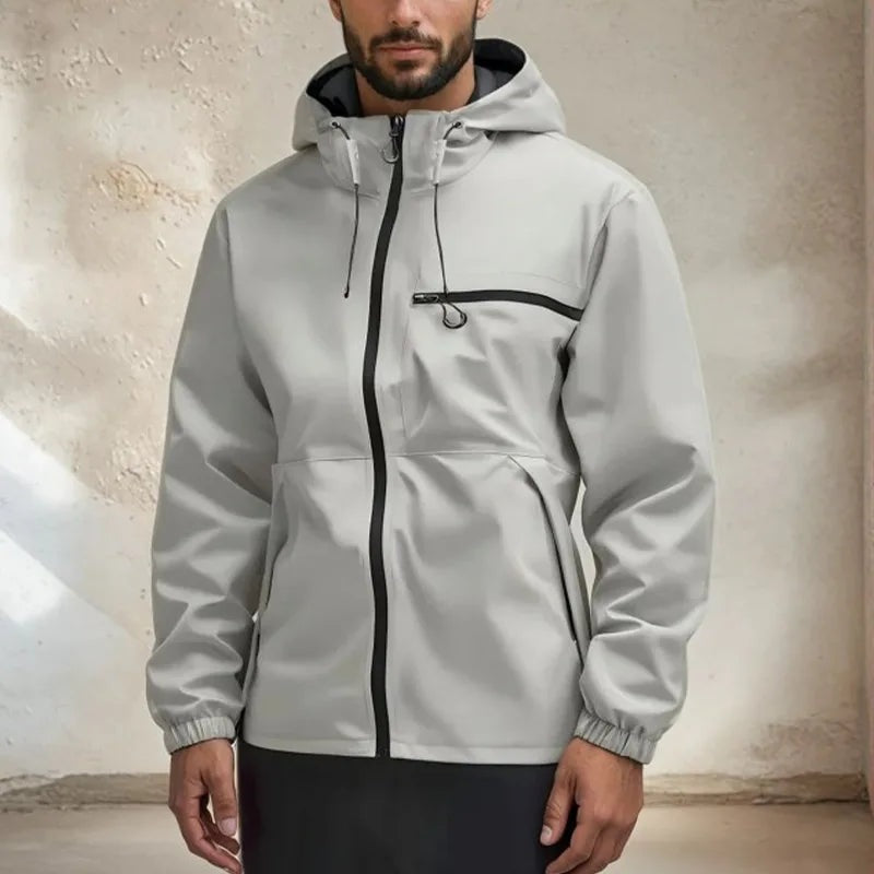 Regenjacke Herren | Kapuze | Brusttasche | Seitentaschen-Grau-S-Chaps Herrenmode