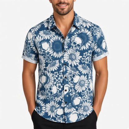 Totenkopf Hemd Herren | Kurzarm | Blumen Print | Reverskragen | 8 Designs