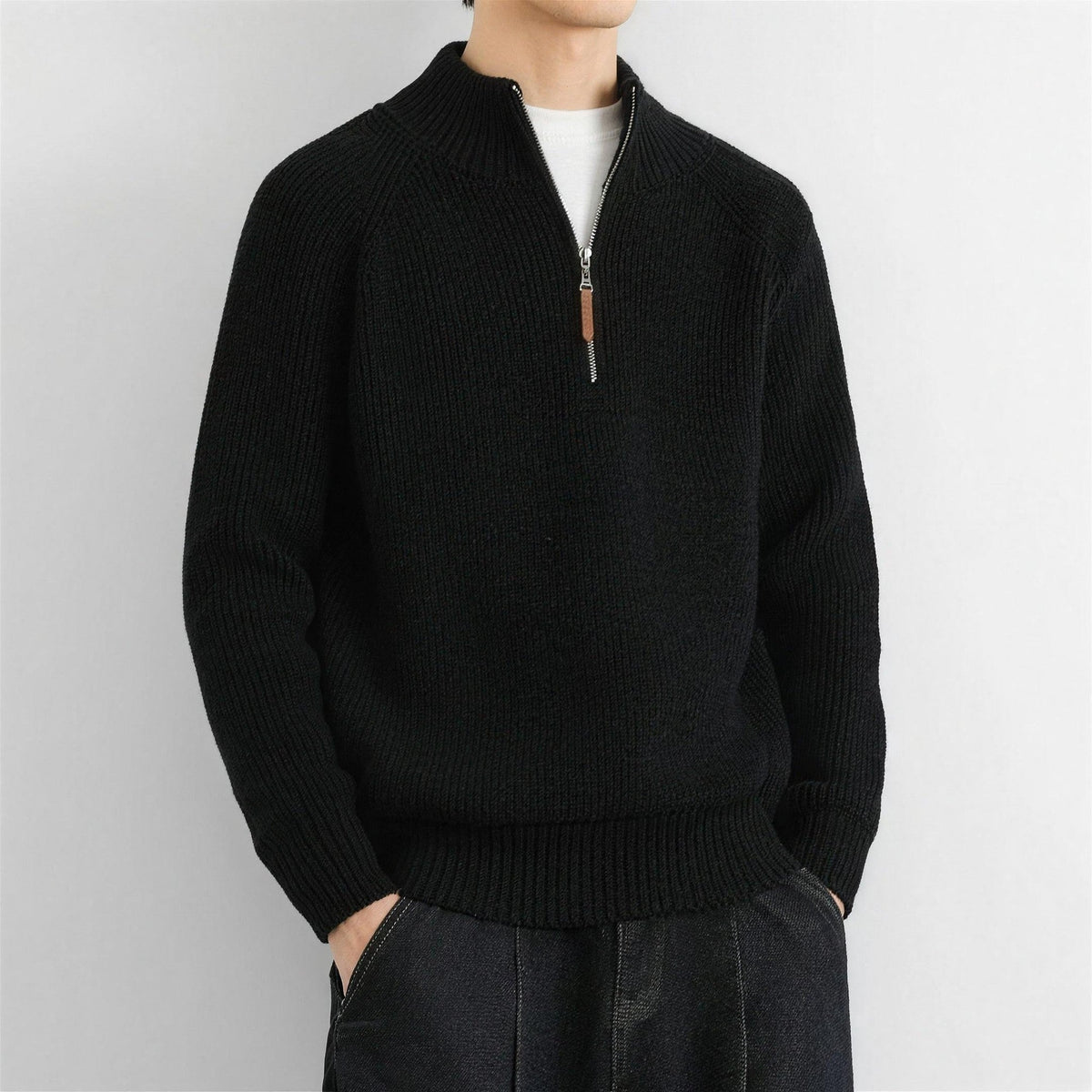 Pullover mit Reißverschluss Herren | Rippstrick | Stehkragen | Raglanärmel