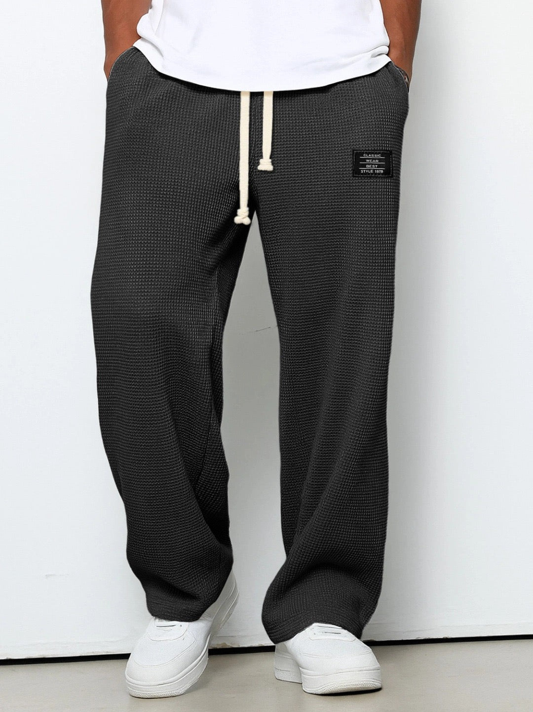 Jogginghose Herren | Waffelstruktur | Weites Bein | Kordelzug-Schwarz-S-Chaps Herrenmode