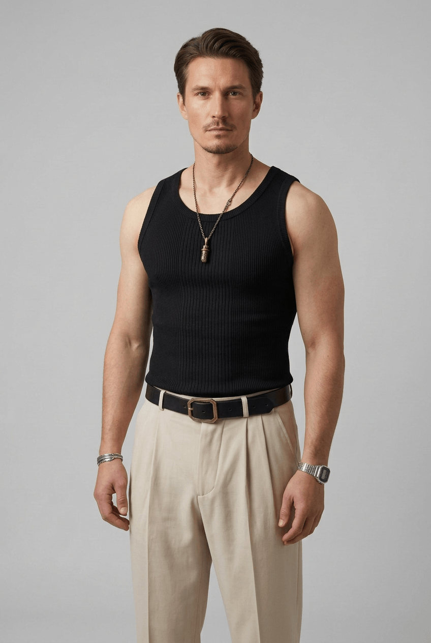 Unterhemd Herren | Gerippt | Rundhals | Slim Fit-Schwarz-M-Chaps Herrenmode