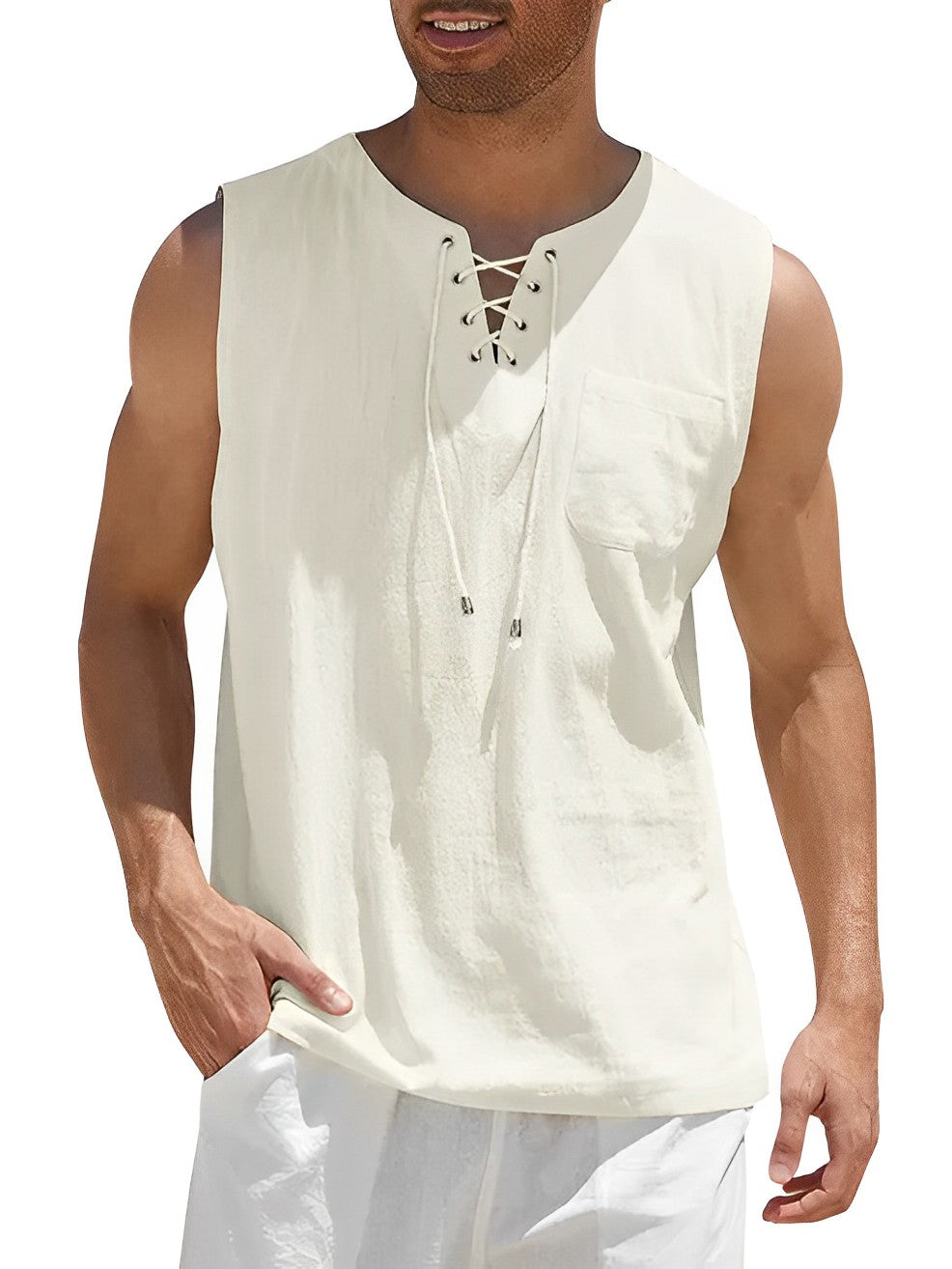 Tank Shirts Herren | Ärmellos | Schnürung | Locker-Cremeweiß-S-Chaps Herrenmode
