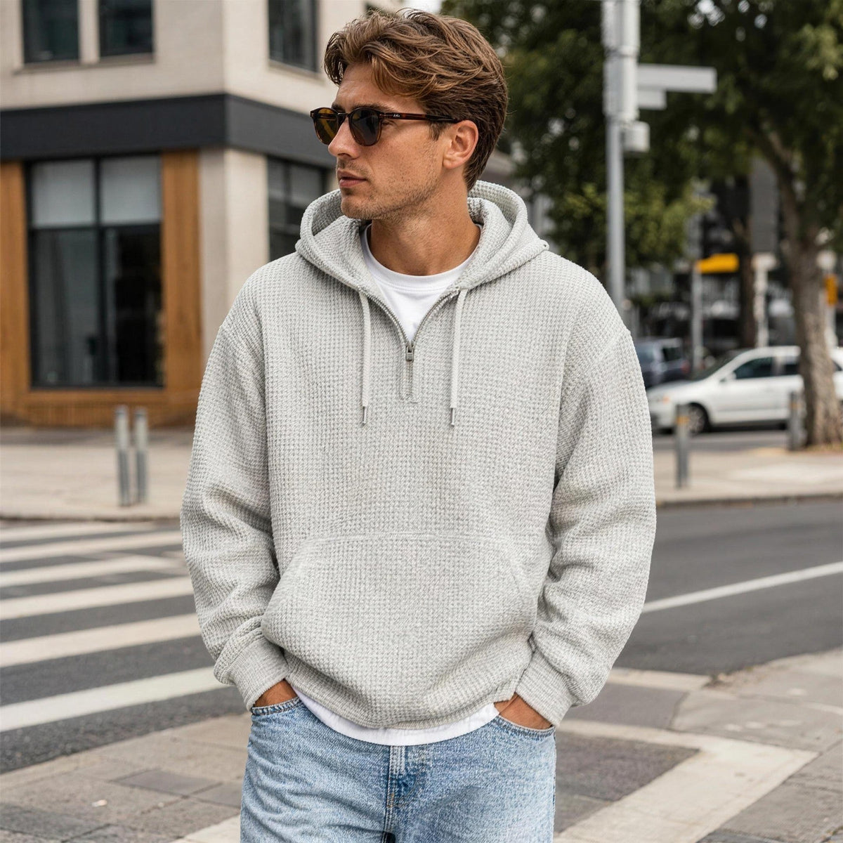 Waffel Hoodie Herren | Viertelreißverschluss | Kängurutasche