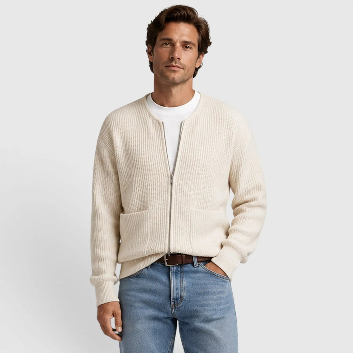Strickjacke mit Reißverschluss Herren | Rundhals | Rippstrick | Taschen