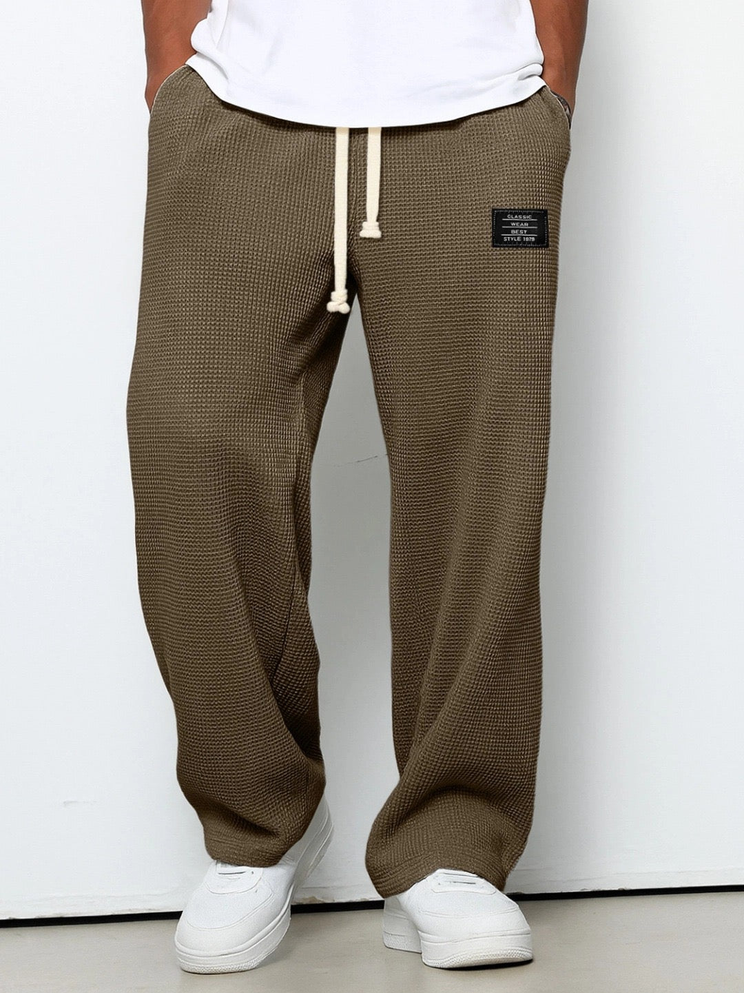 Jogginghose Herren | Waffelstruktur | Weites Bein | Kordelzug-Dunkelbraun-S-Chaps Herrenmode