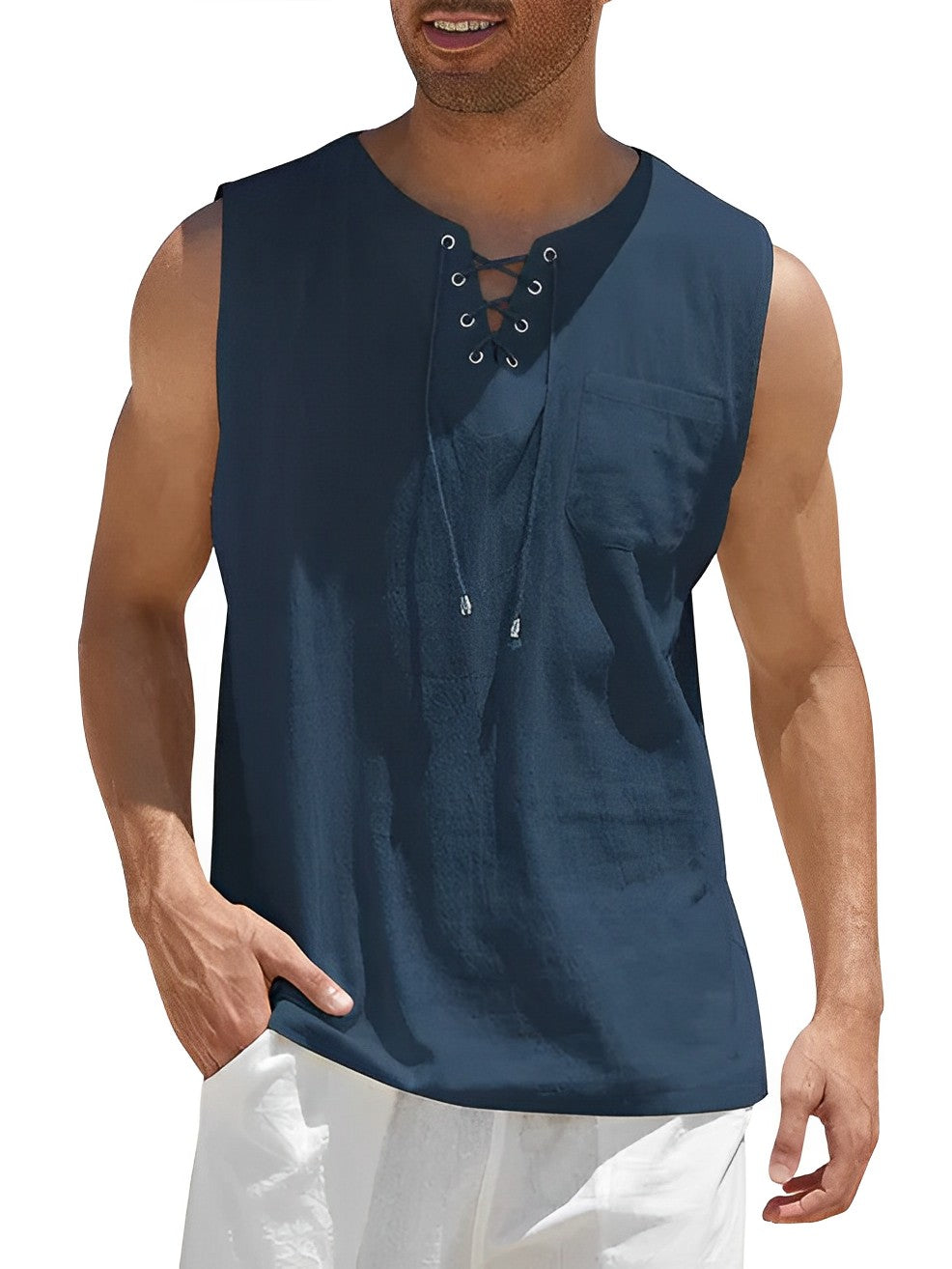 Tank Shirts Herren | Ärmellos | Schnürung | Locker-Dunkelblau-S-Chaps Herrenmode
