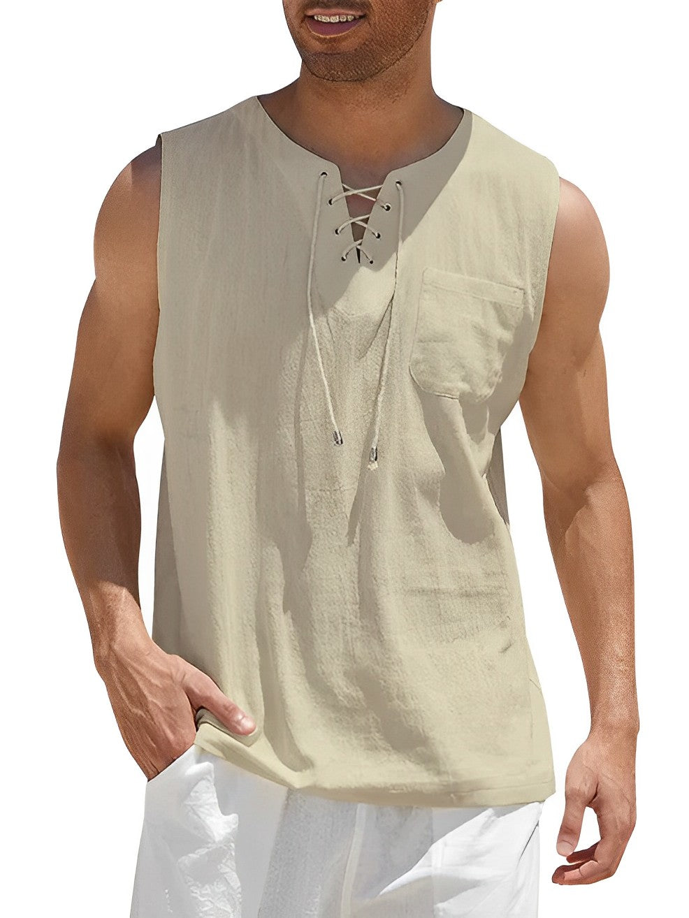 Tank Shirts Herren | Ärmellos | Schnürung | Locker-Beige-S-Chaps Herrenmode