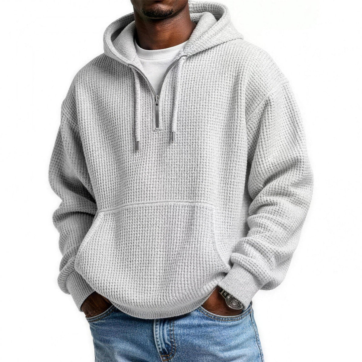 Waffel Hoodie Herren | Viertelreißverschluss | Kängurutasche