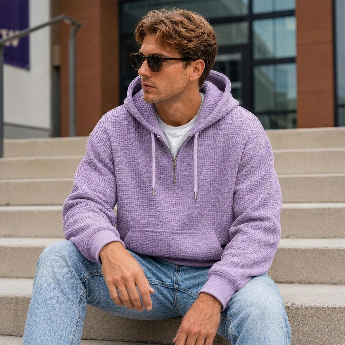 Waffel Hoodie Herren | Viertelreißverschluss | Kängurutasche