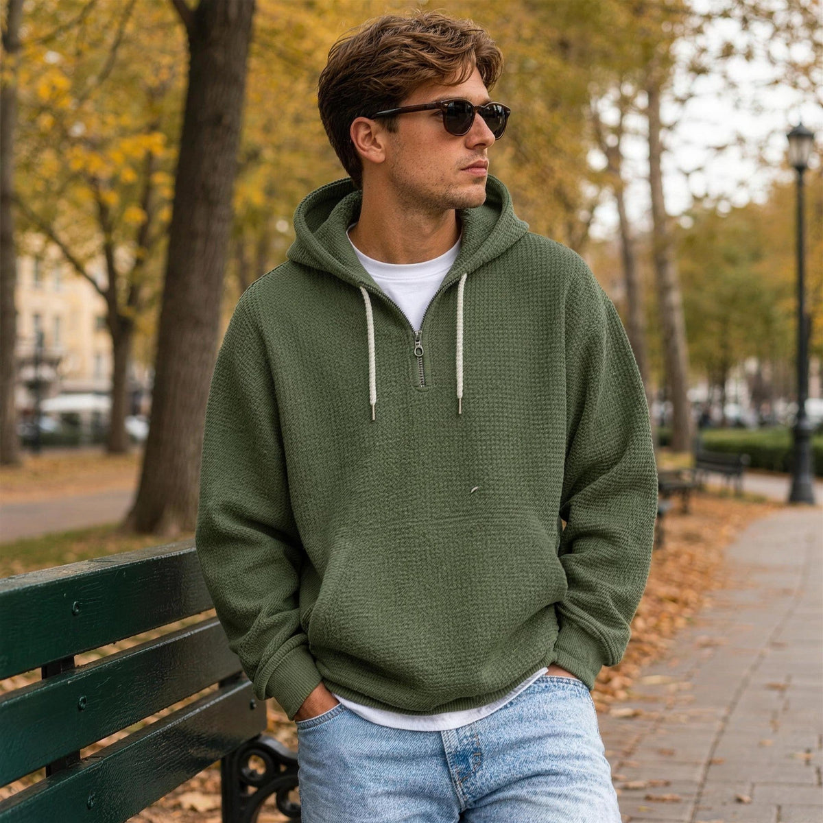 Waffel Hoodie Herren | Viertelreißverschluss | Kängurutasche