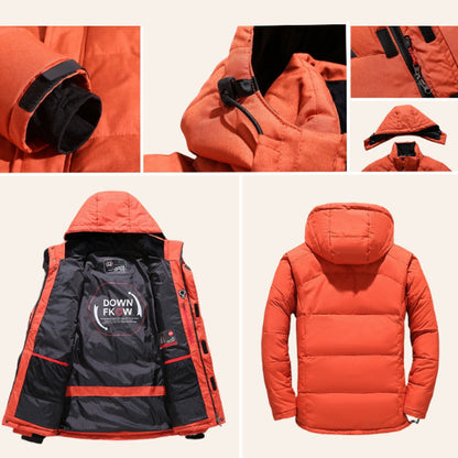 Orange Steppjacke mit Kapuze, Detailansichten von Ärmel, Reißverschluss und Innenfutter | Chaps Herrenmode
