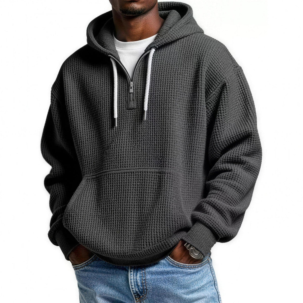 Waffel Hoodie Herren | Viertelreißverschluss | Kängurutasche