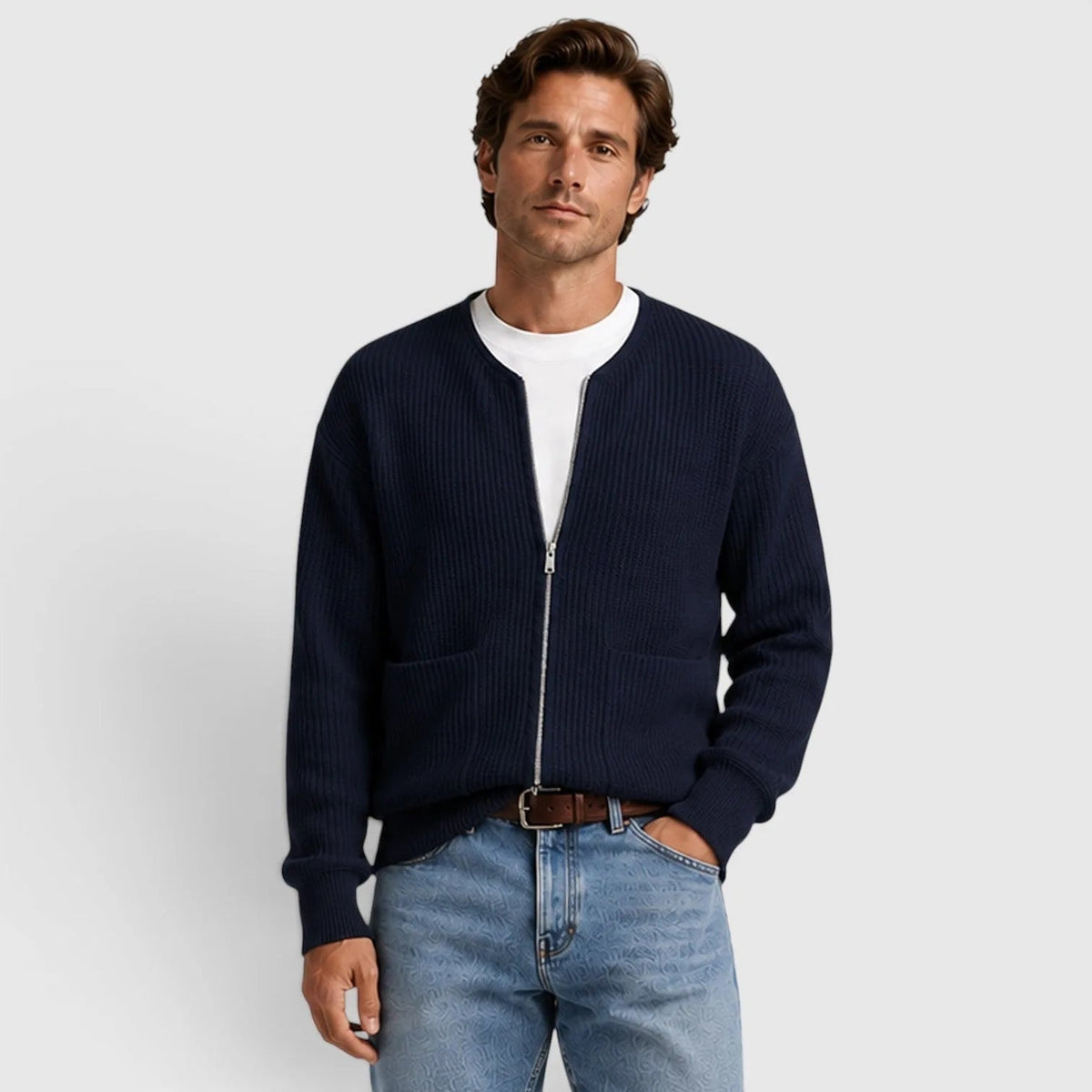 Strickjacke mit Reißverschluss Herren | Rundhals | Rippstrick | Taschen