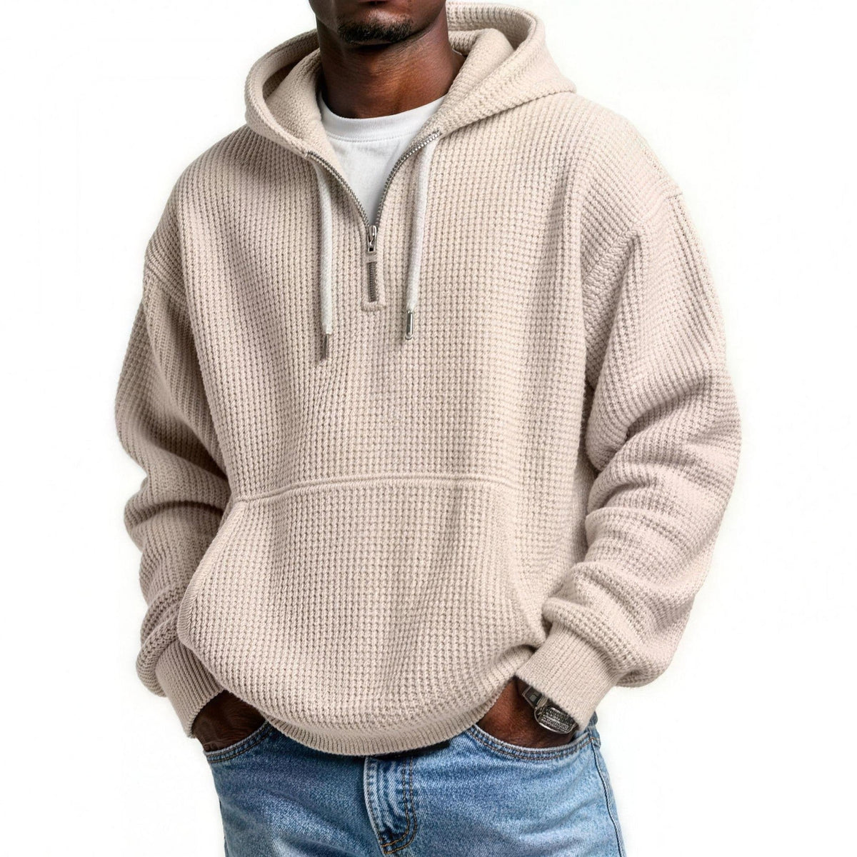 Waffel Hoodie Herren | Viertelreißverschluss | Kängurutasche