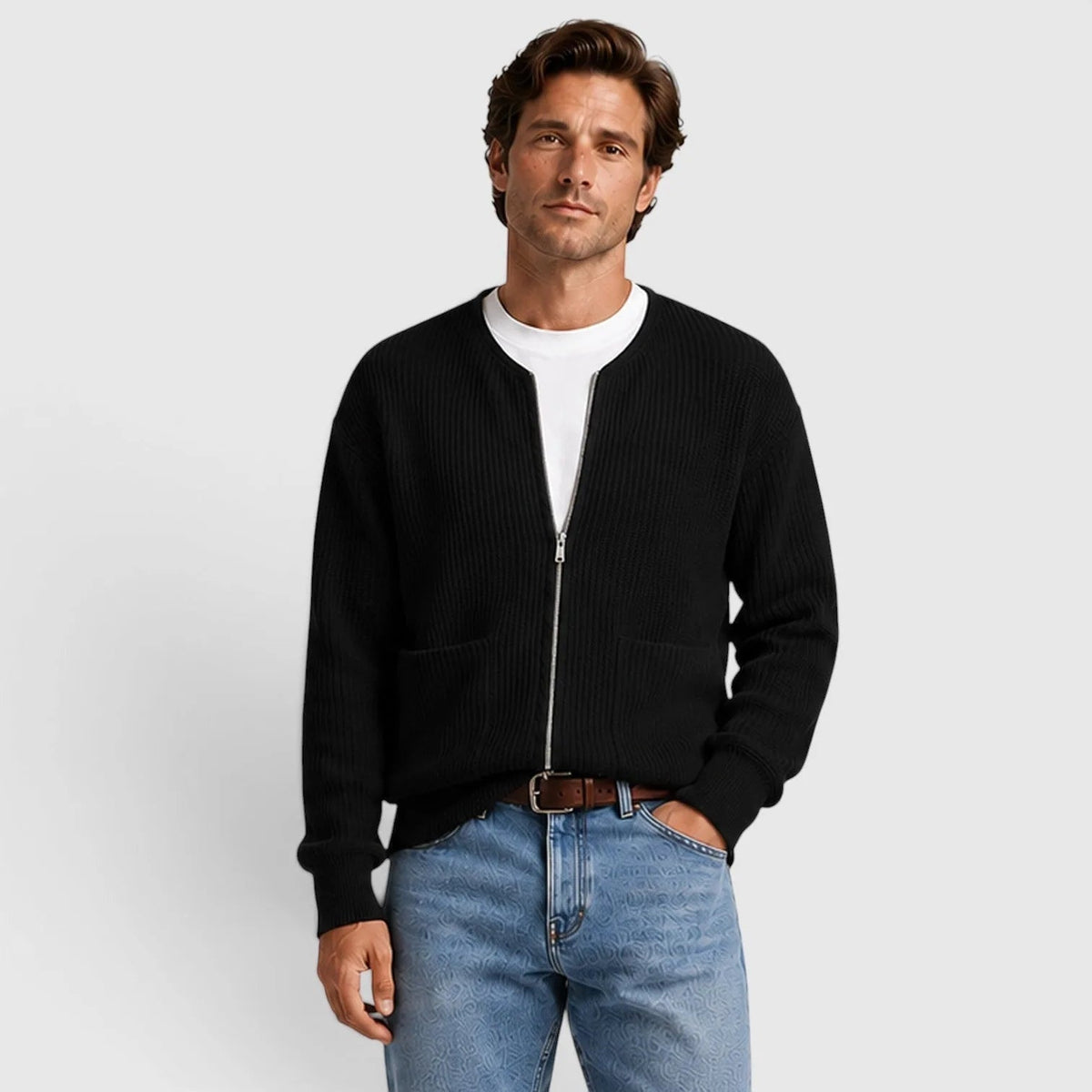 Strickjacke mit Reißverschluss Herren | Rundhals | Rippstrick | Taschen