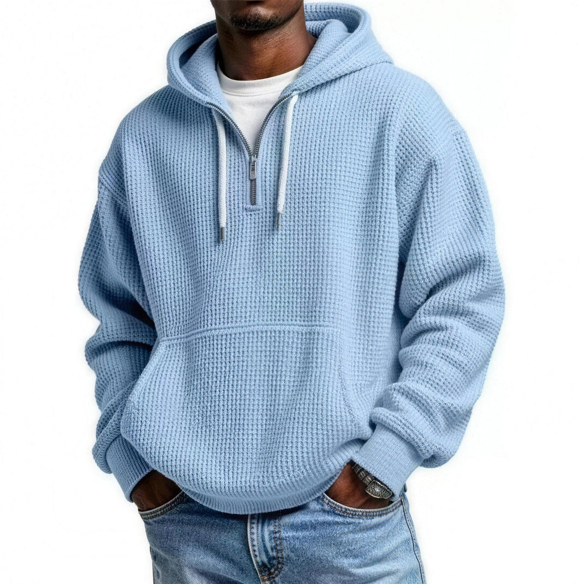Waffel Hoodie Herren | Viertelreißverschluss | Kängurutasche