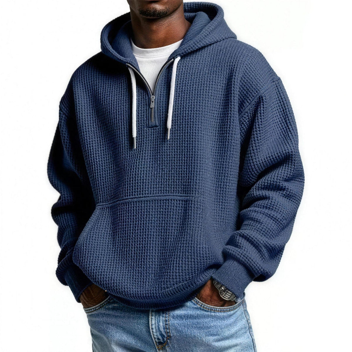 Waffel Hoodie Herren | Viertelreißverschluss | Kängurutasche