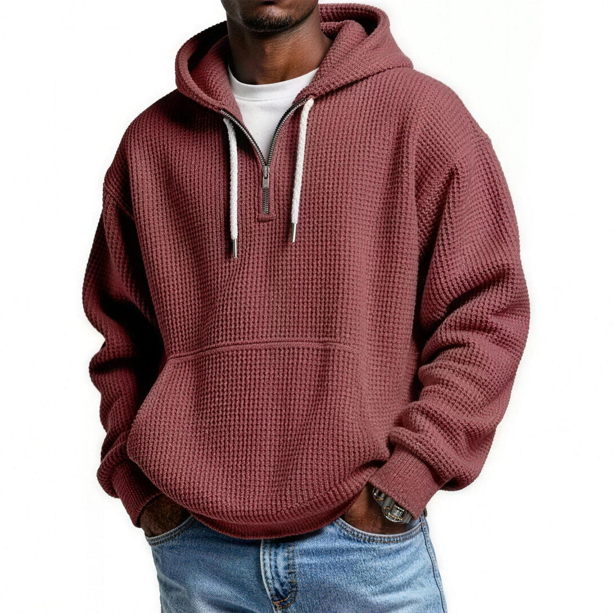 Waffel Hoodie Herren | Viertelreißverschluss | Kängurutasche
