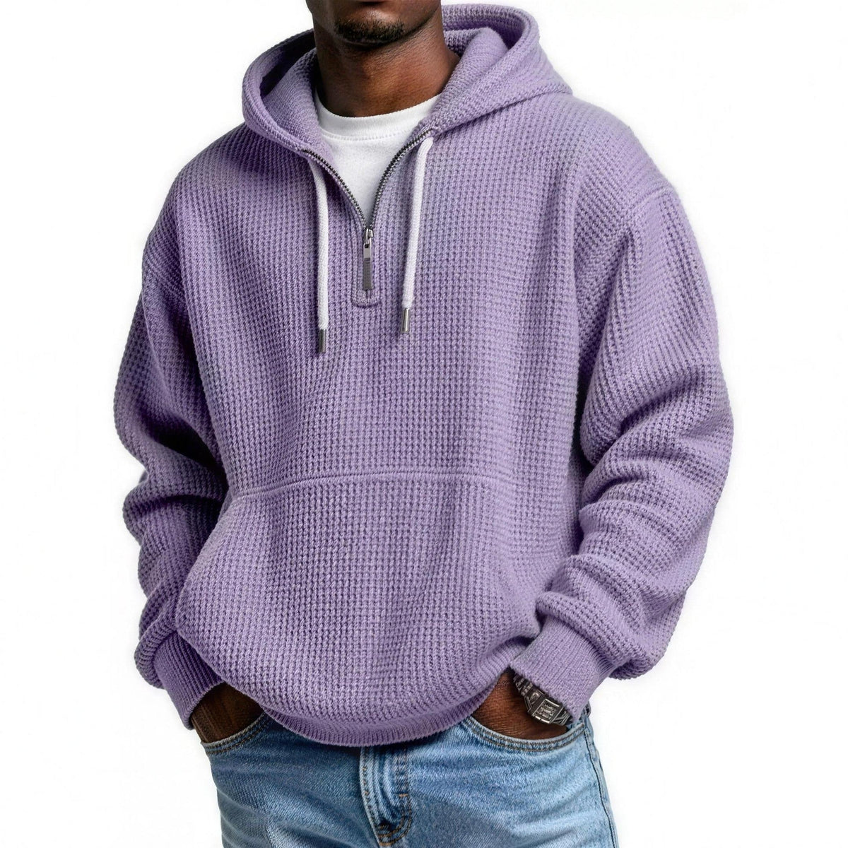 Waffel Hoodie Herren | Viertelreißverschluss | Kängurutasche