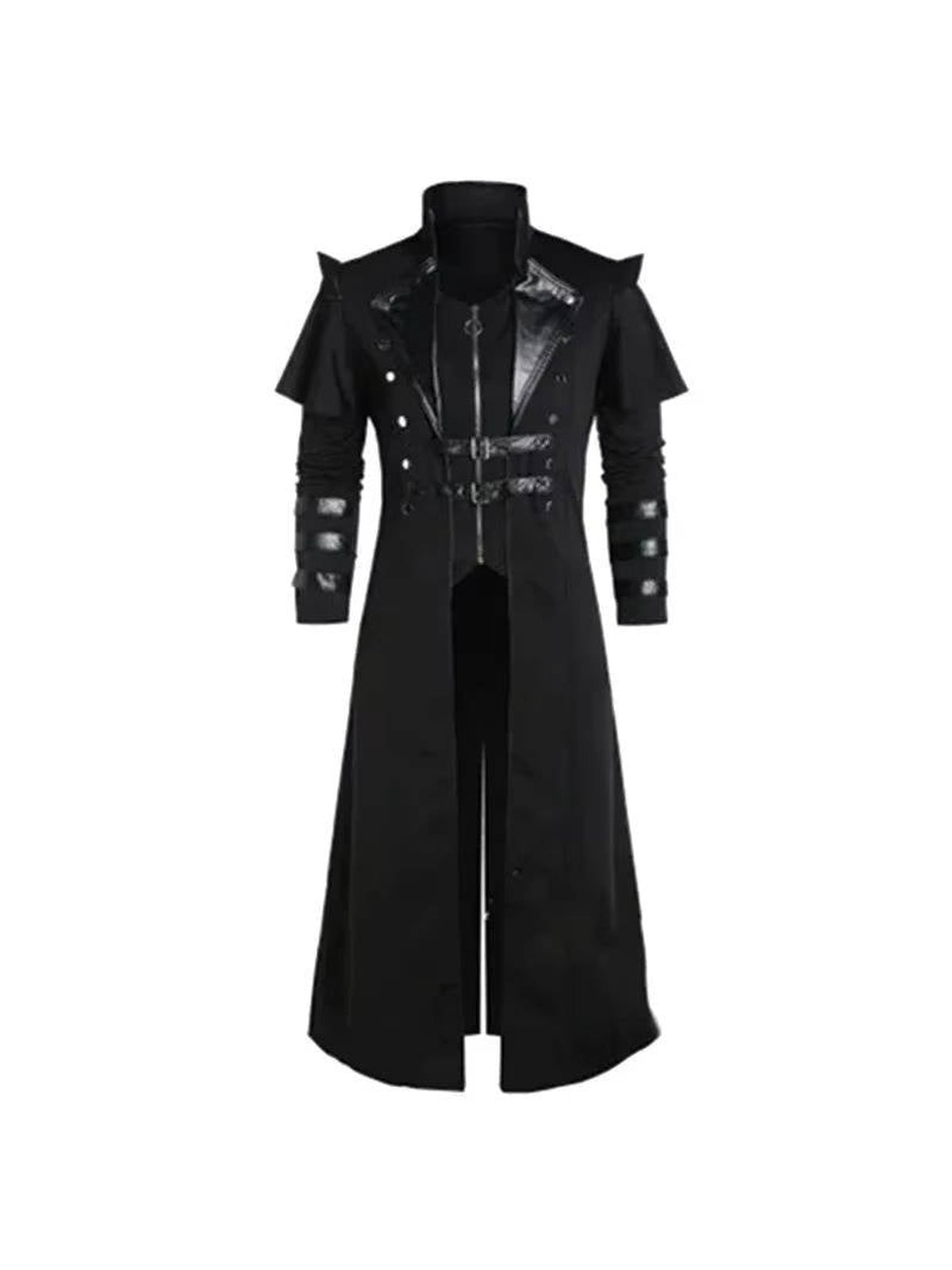 Schwarzer Gothic-Mantel mit Schnallenriemen, Vorderseite