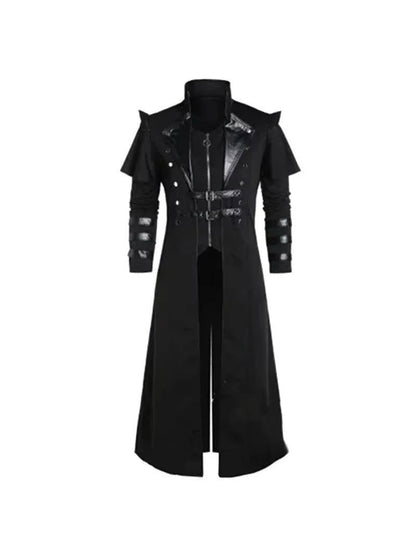 Schwarzer Gothic-Mantel mit Schnallenriemen, Vorderseite