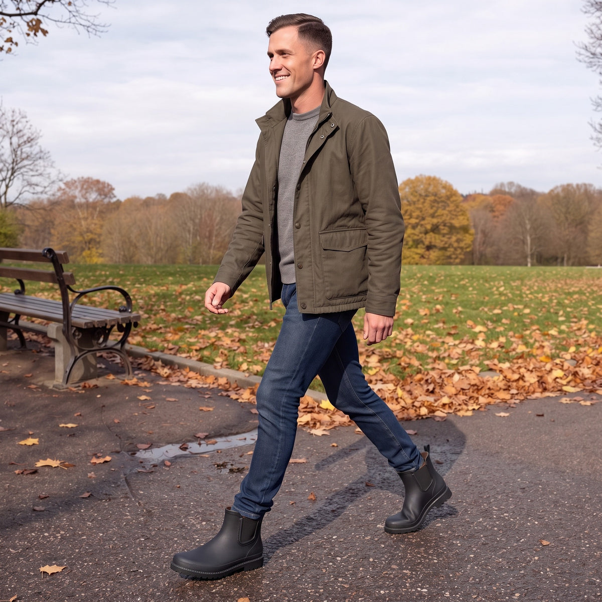 Mann in einem Herbstpark mit schwarzen Chelsea-Gummistiefeln, Jeans und olivgrüner Jacke