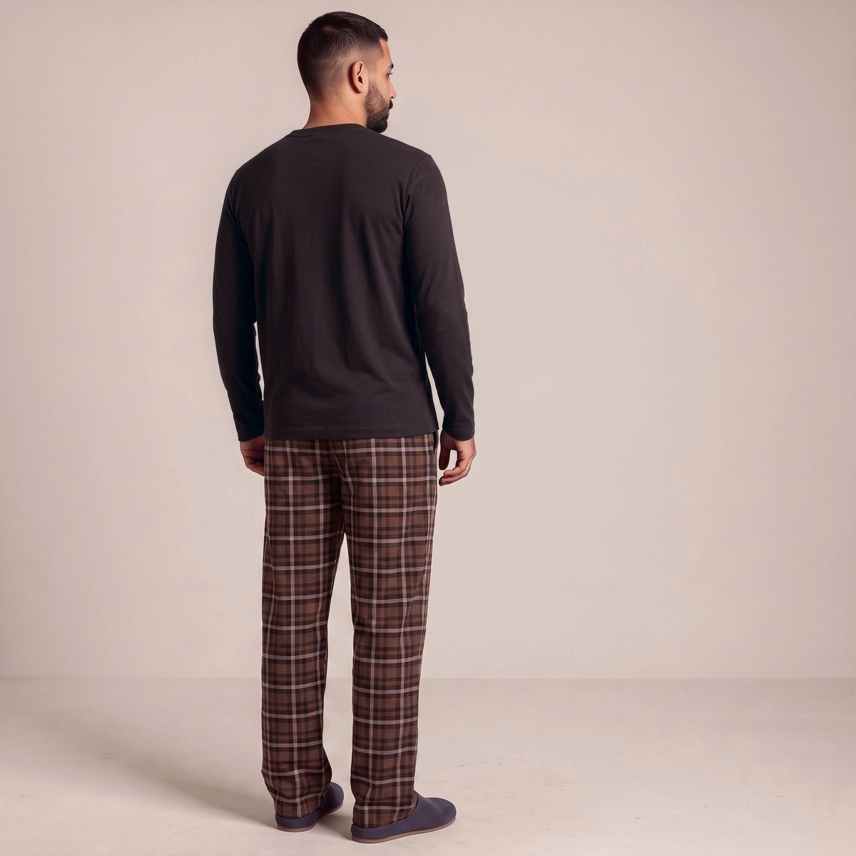 Henley Schlafanzug Herren | Extra Lang | Karierte Hose | Braun