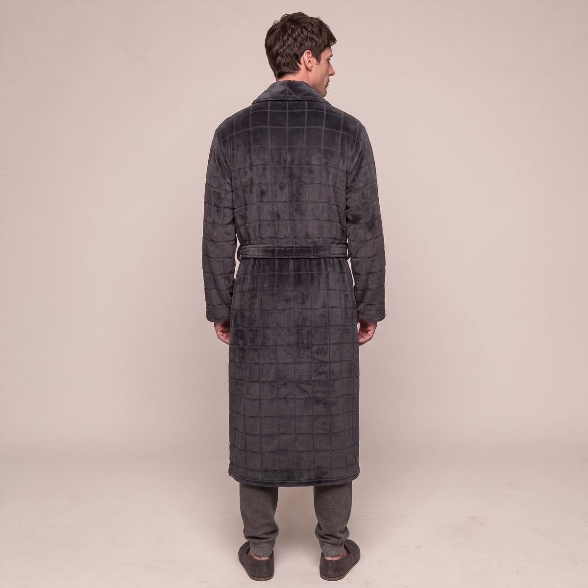 Karo Fleece Bademantel Herren | Lang | Dunkelgrau