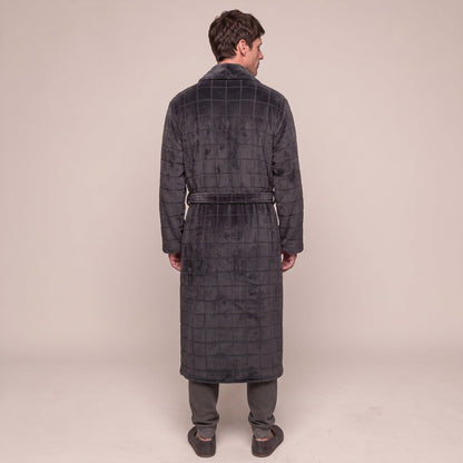 Karo Fleece Bademantel Herren | Lang | Dunkelgrau