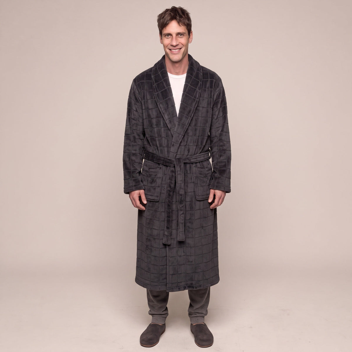 Karo Fleece Bademantel Herren | Lang | Dunkelgrau
