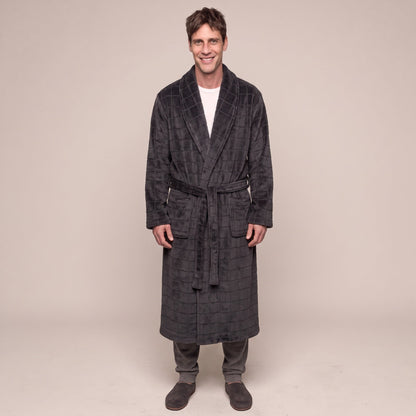 Karo Fleece Bademantel Herren | Lang | Dunkelgrau