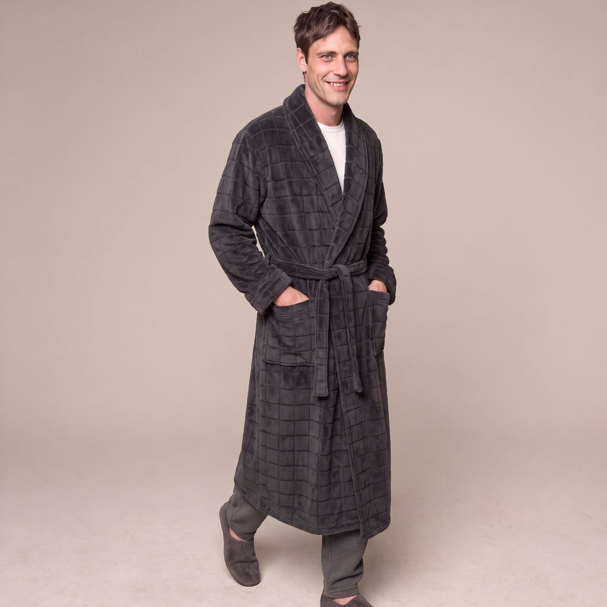 Karo Fleece Bademantel Herren | Lang | Dunkelgrau