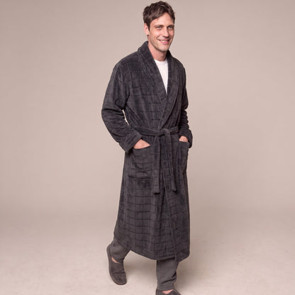 Karo Fleece Bademantel Herren | Lang | Dunkelgrau