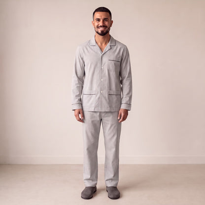 Twill Schlafanzug Herren | Baumwolle | Hellgrau