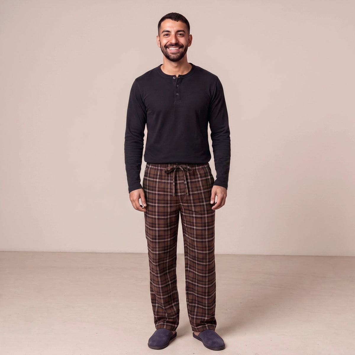 Henley Schlafanzug Herren | Extra Lang | Karierte Hose | Braun