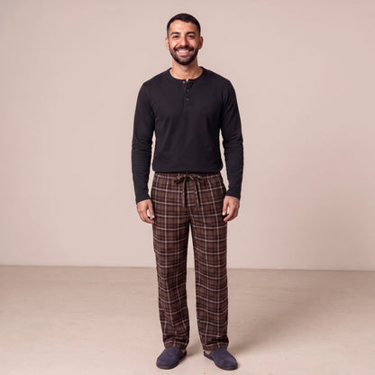 Henley Schlafanzug Herren | Extra Lang | Karierte Hose | Braun