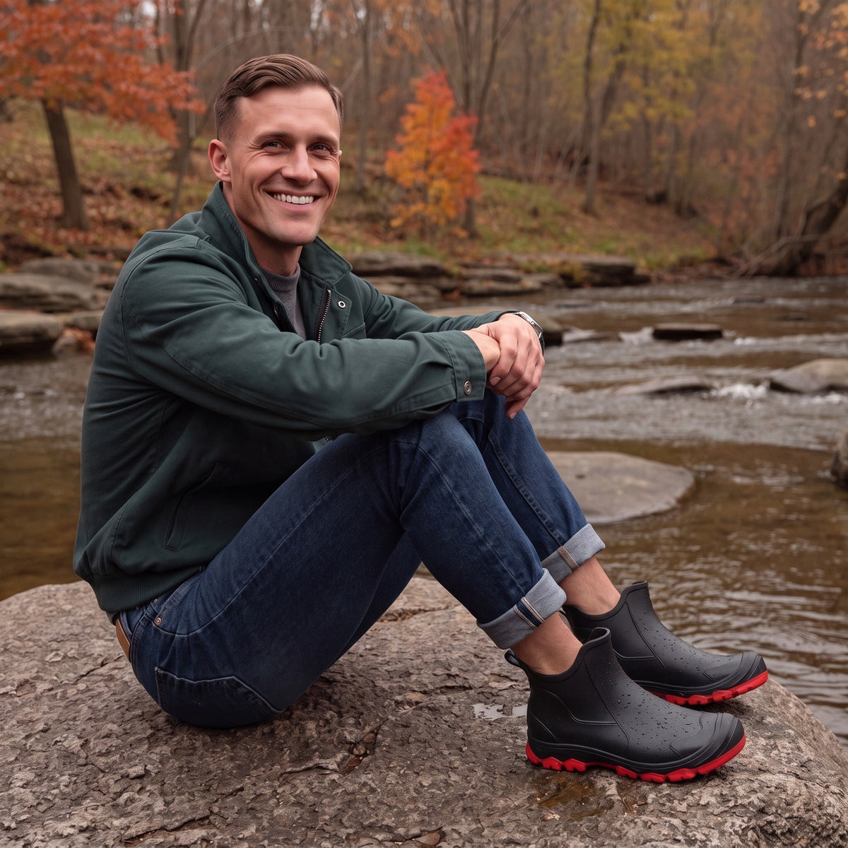 Mann sitzt am Fluss, trägt schwarze Regenstiefel mit roter Sohle | Chaps Herrenmode