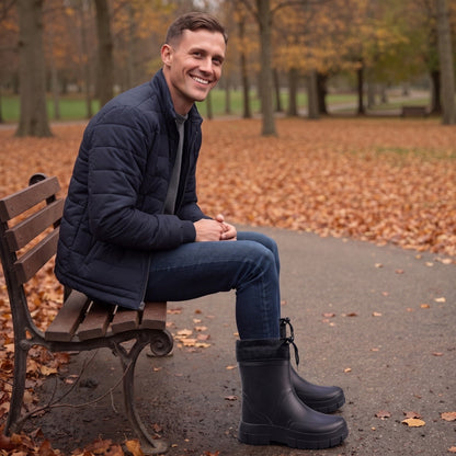Mann auf Parkbank trägt schwarze Regenstiefel mit Kordelzug im Herbst | Chaps Herrenmode