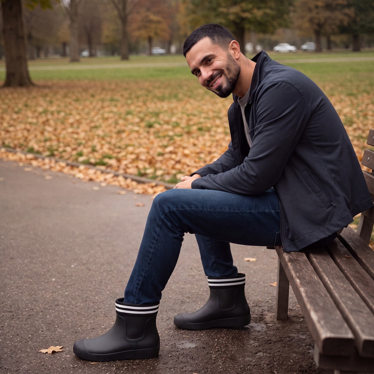 Mann trägt schwarze kurze Gummistiefel auf Parkbank im Freien sitzend | Chaps Herrenmode