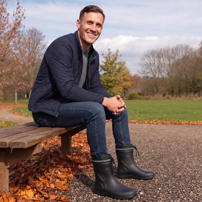 Mann trägt schwarze kurze Gummistiefel, sitzend auf Bank im Park | Chaps Herrenmode