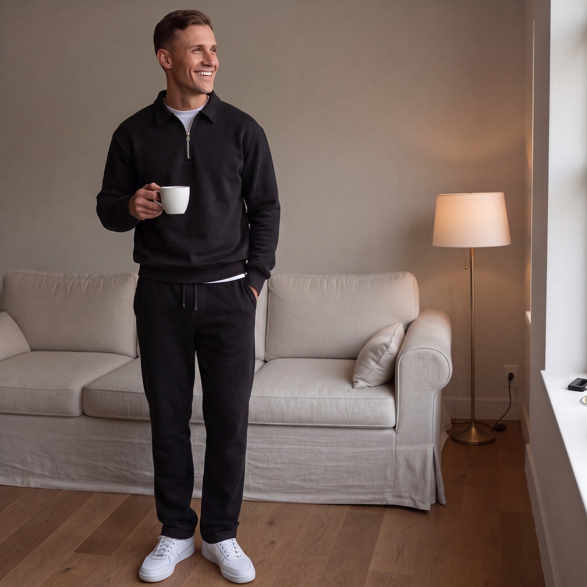 Troyer Jogginganzug Herren | Sweatshirt mit Kragen | Schwarz