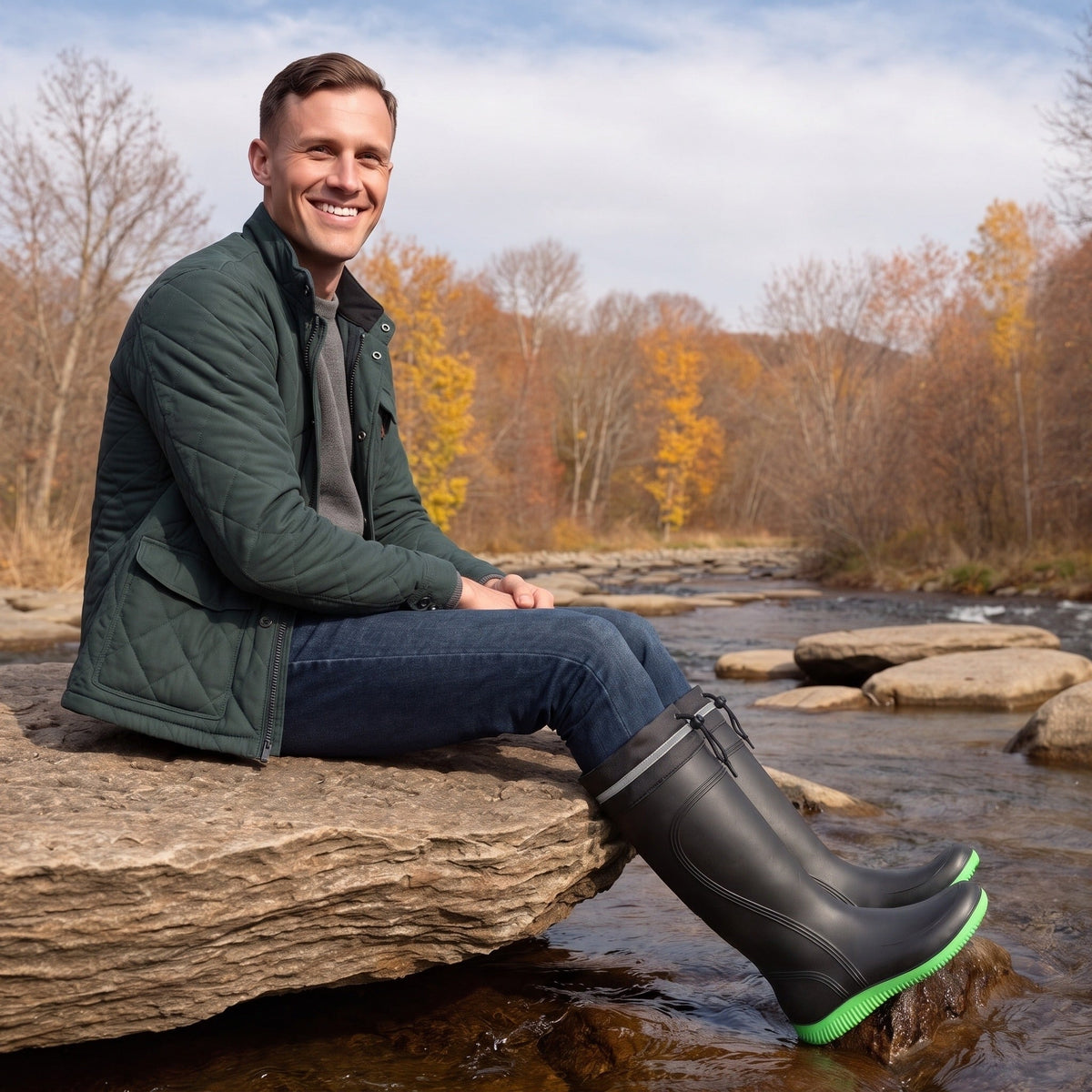Mann trägt schwarze Gummistiefel mit grüner Sohle am Flussufer | Chaps Herrenmode