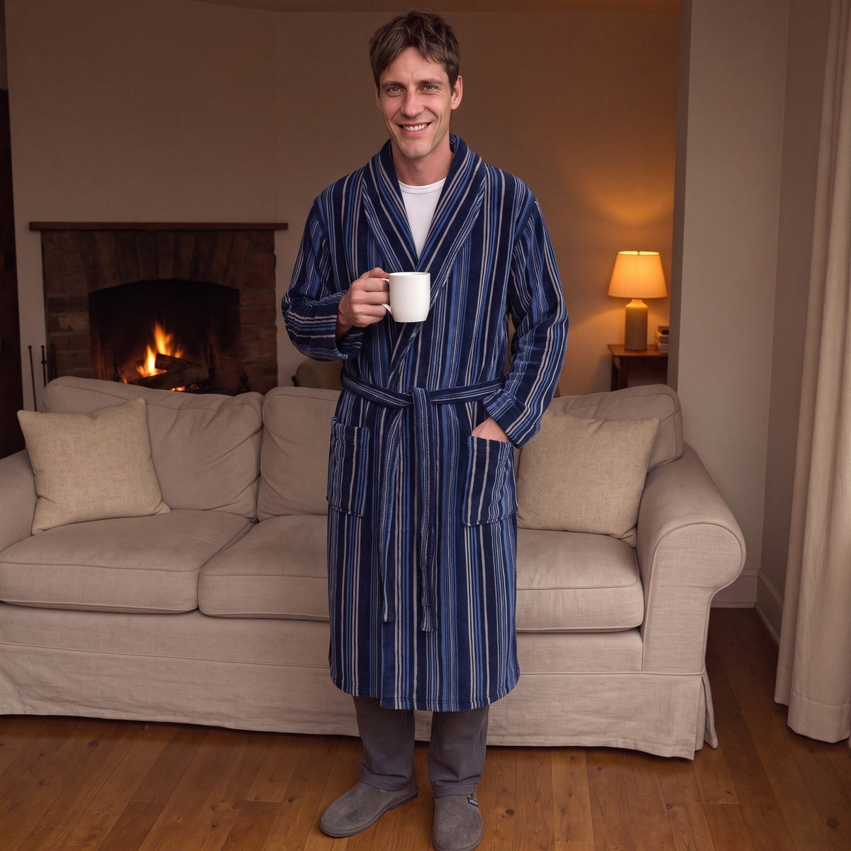 Gestreifter Bademantel Herren | Korallenfleece | 2 Farben