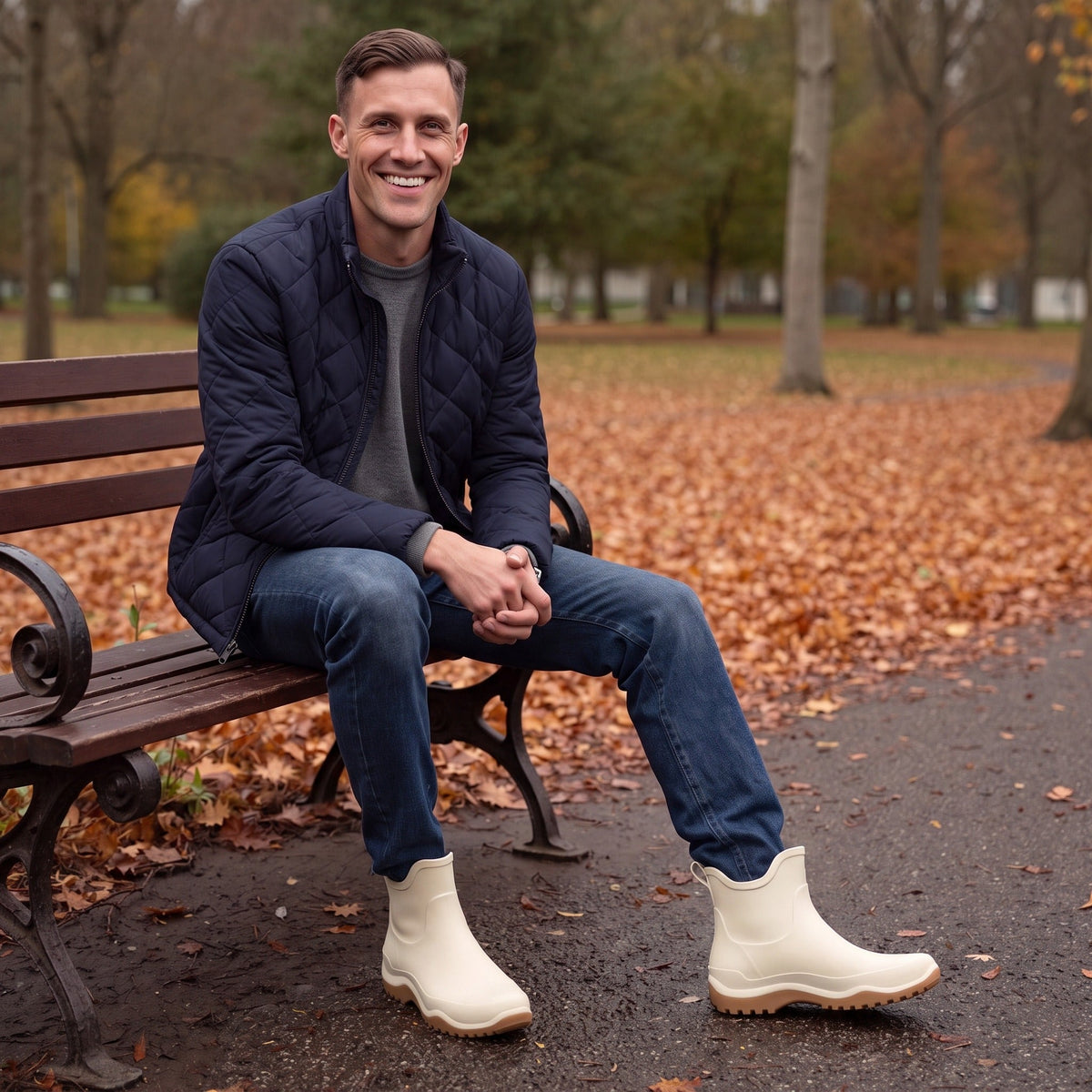 Mann sitzt auf Bank, trägt cremefarbene Regenstiefeletten im Herbstpark | Chaps Herrenmode