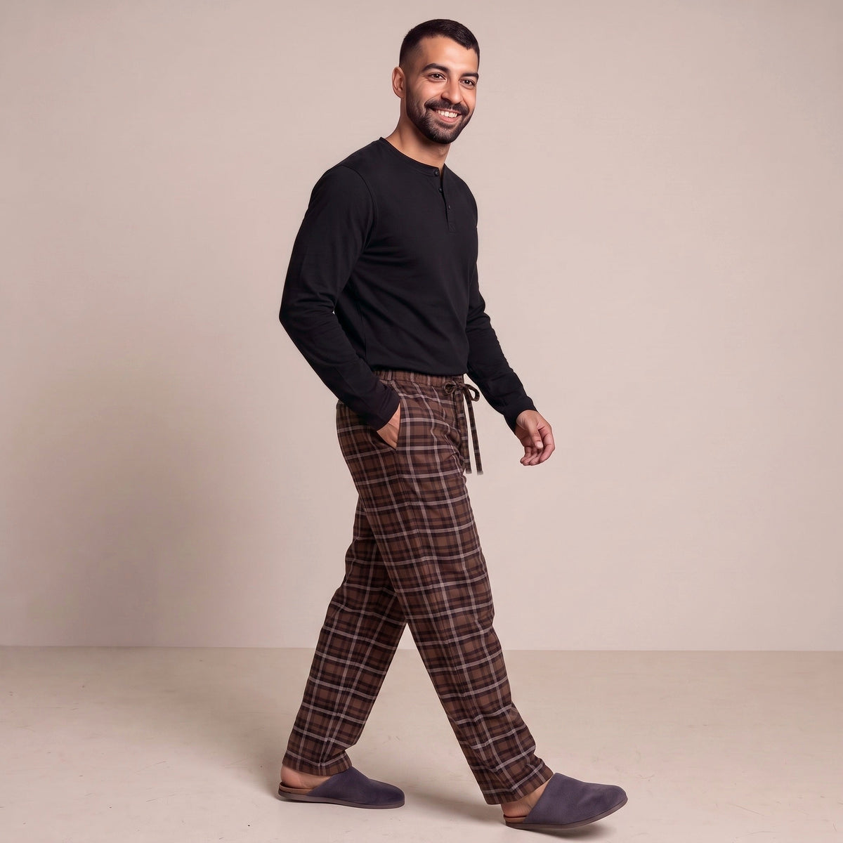 Henley Schlafanzug Herren | Extra Lang | Karierte Hose | Braun