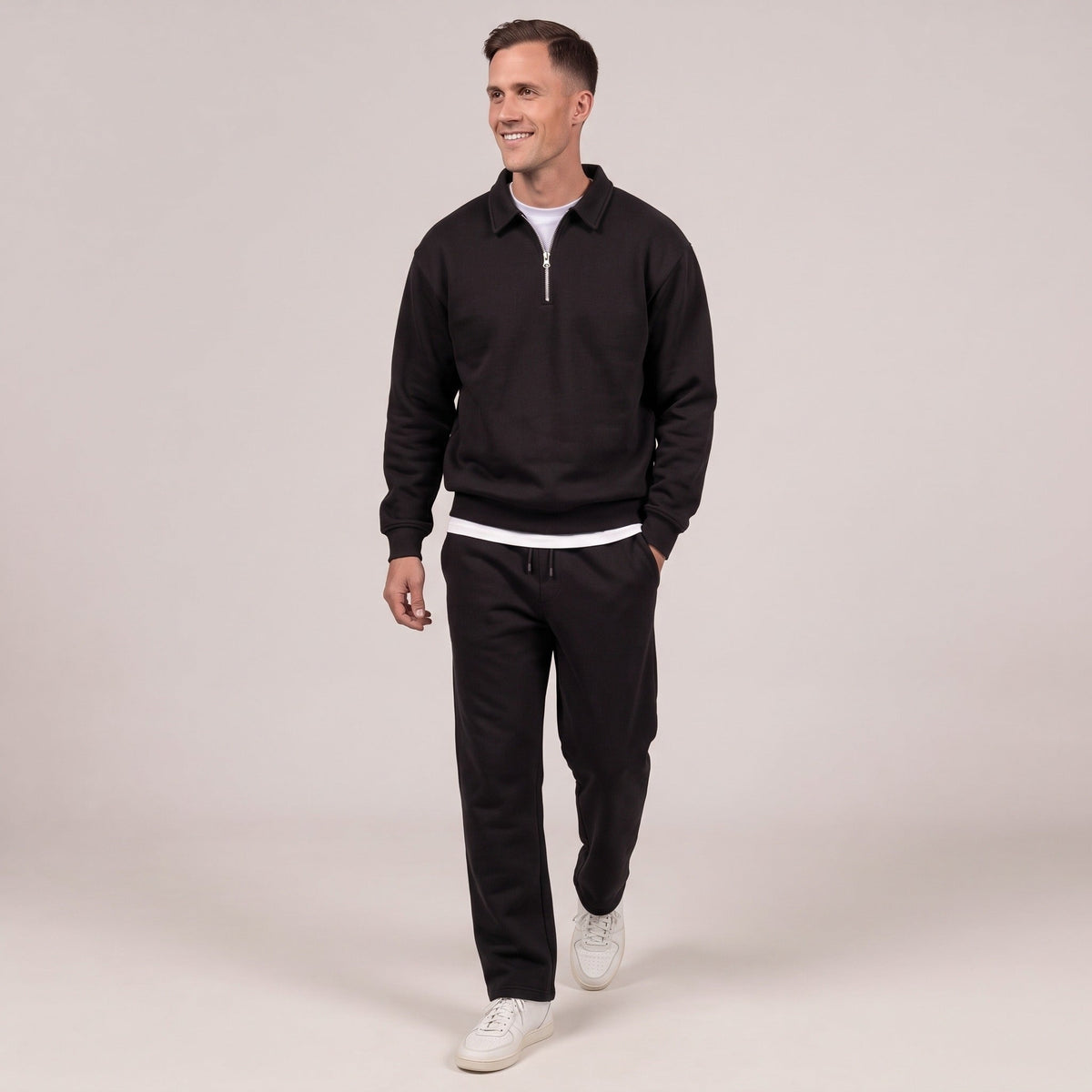 Troyer Jogginganzug Herren | Sweatshirt mit Kragen | Schwarz