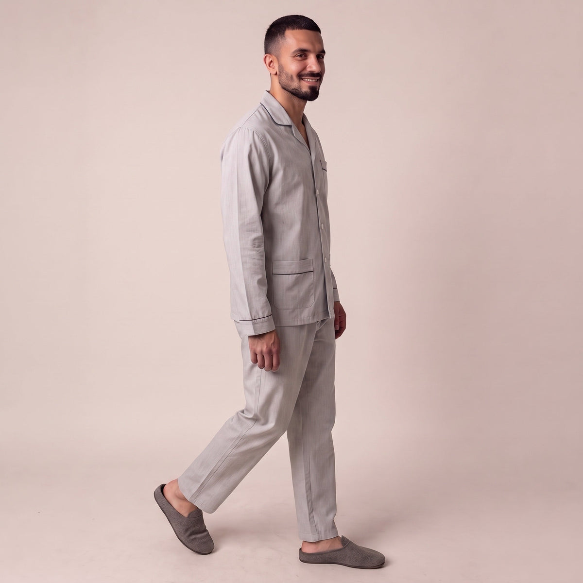 Twill Schlafanzug Herren | Baumwolle | Hellgrau